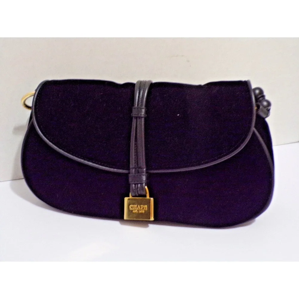 Chaps Black Velvet Satchel w/Goldtone Accents Snap Closure Faux Leather Handle